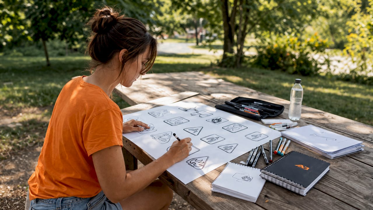 Hands sketching fire safety sign designs on paper