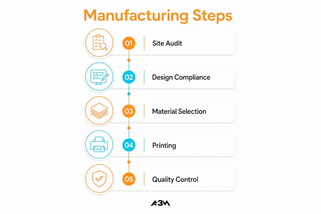 Infographic showing fire safety signage manufacturing steps