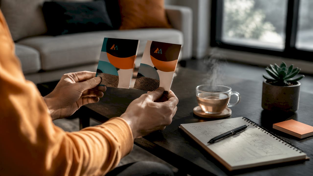 Hands comparing two product labels closely