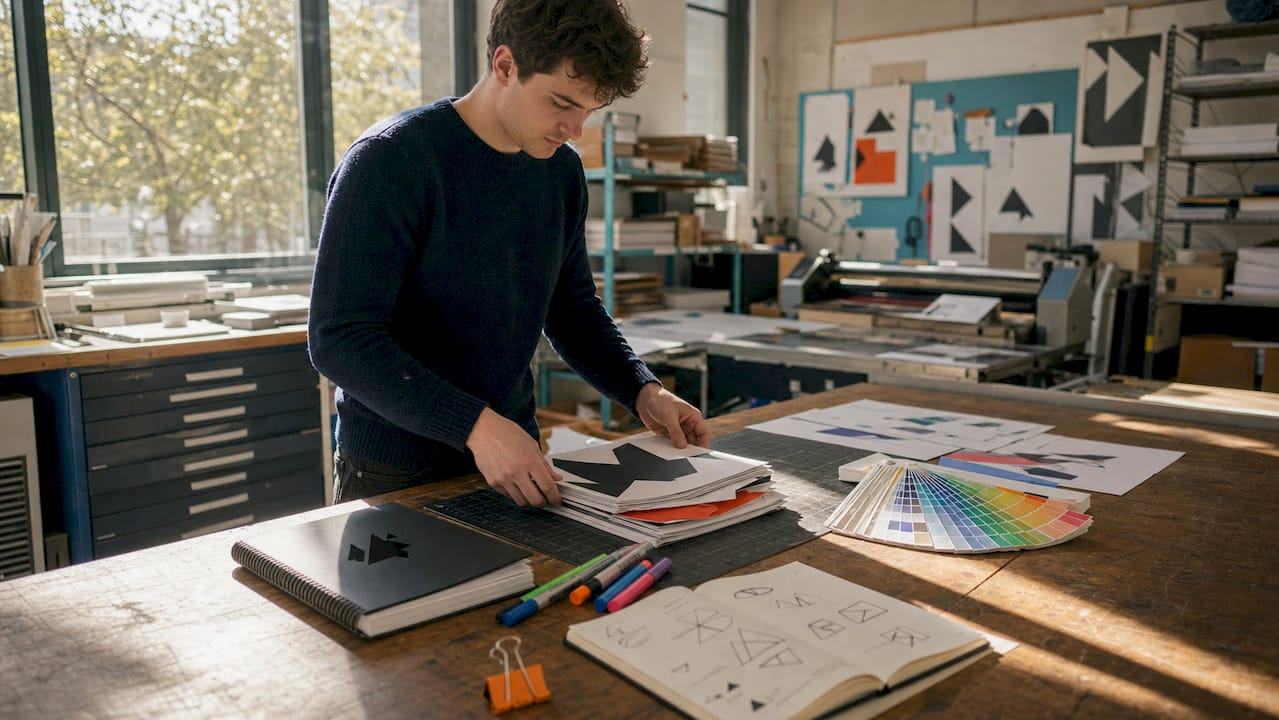 Hands adjusting printed brand templates on desk