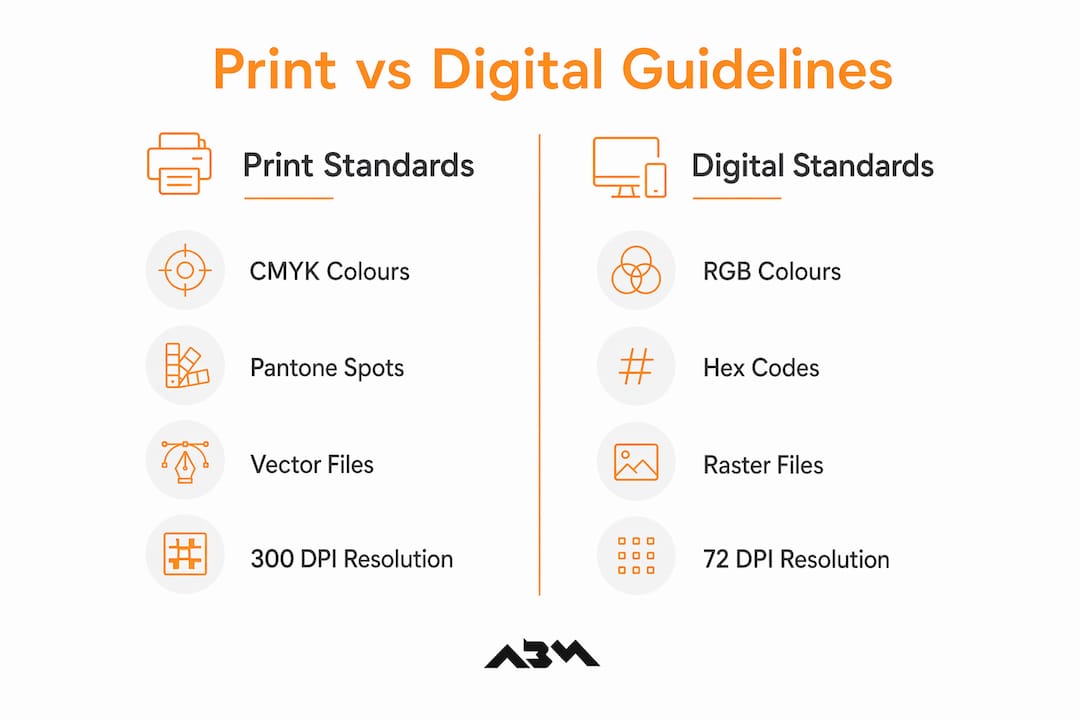 Infographic comparing print and digital brand guideline standards