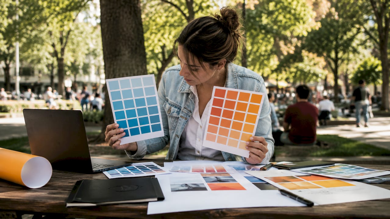 Designer hands comparing outdoor banner colors