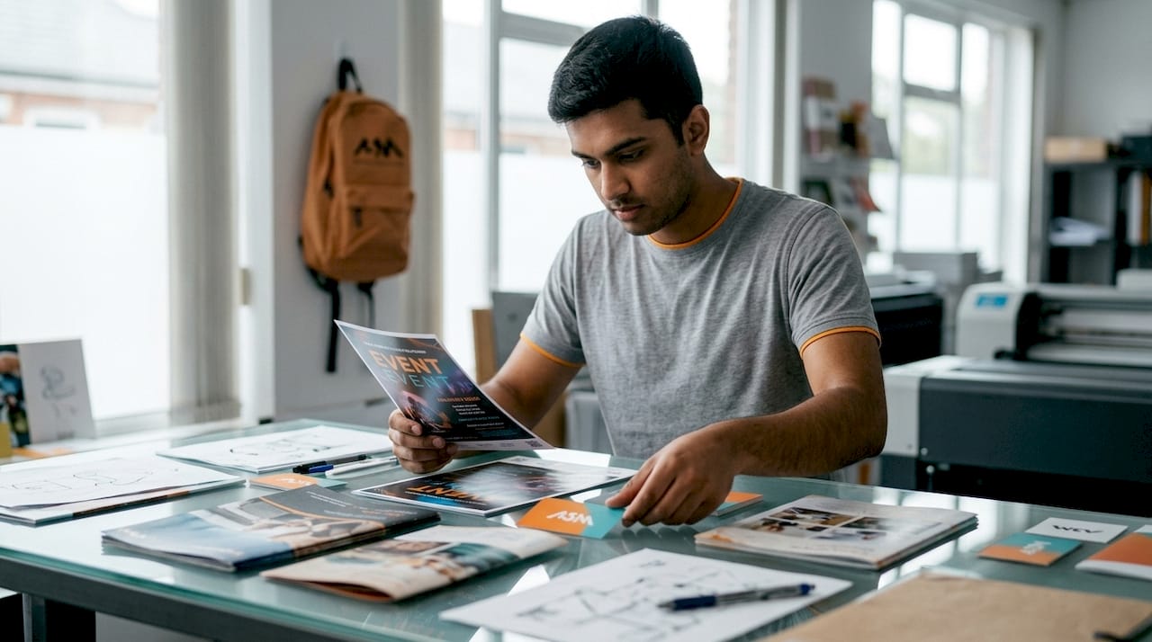 Hands arranging branded print materials on table