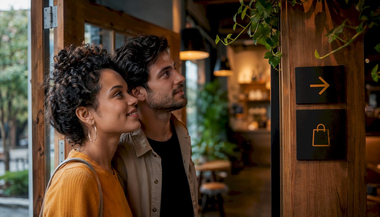 Couple viewing interior signage in boutique