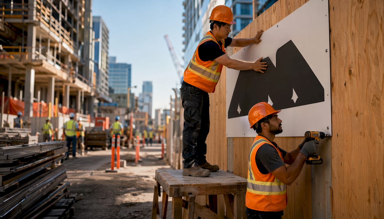 Workers installing development site signage outdoors