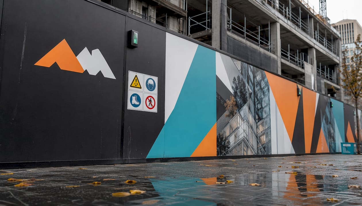 Urban construction hoarding with branded artwork panels