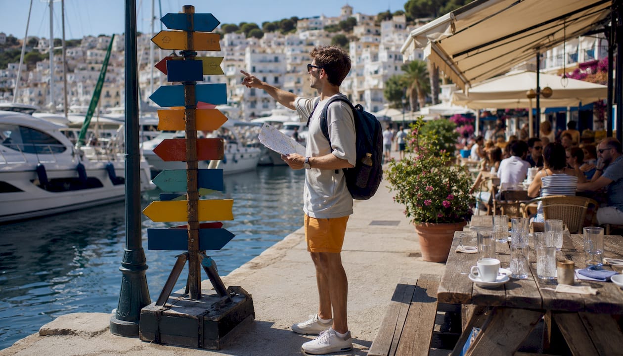 Visitor consulting marina wayfinding signpost