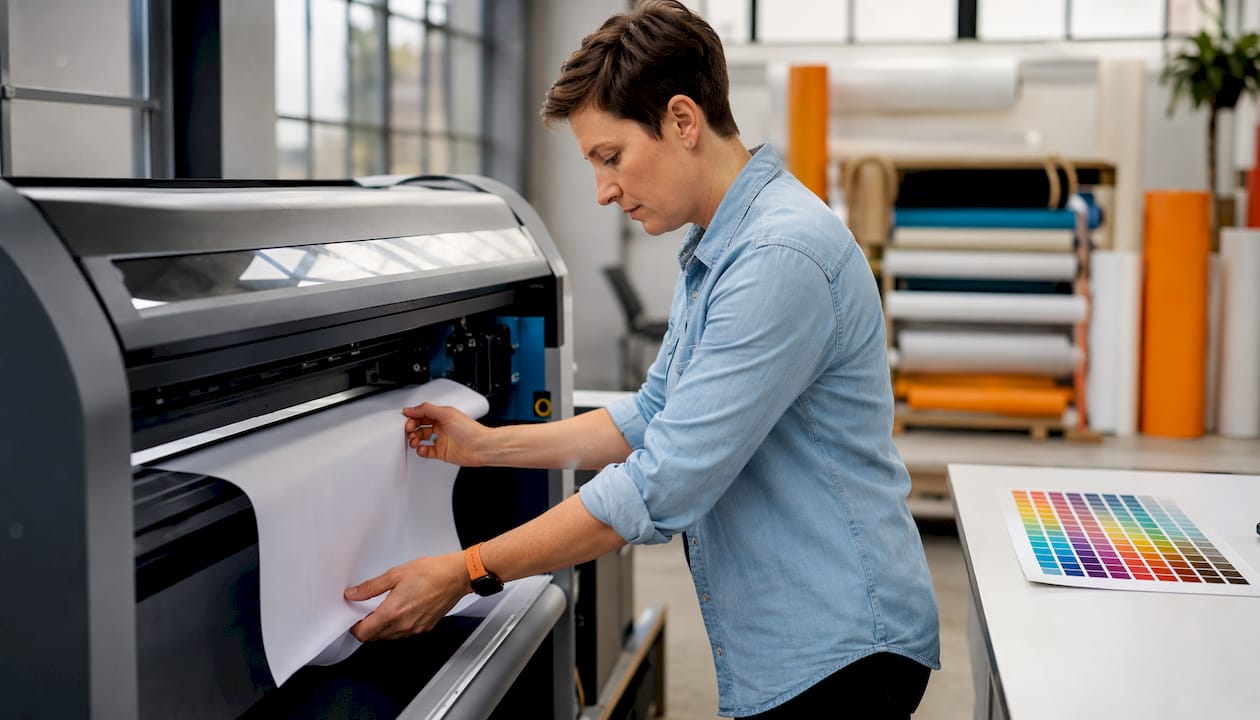 Technician adjusting latex printer media feed overhead view
