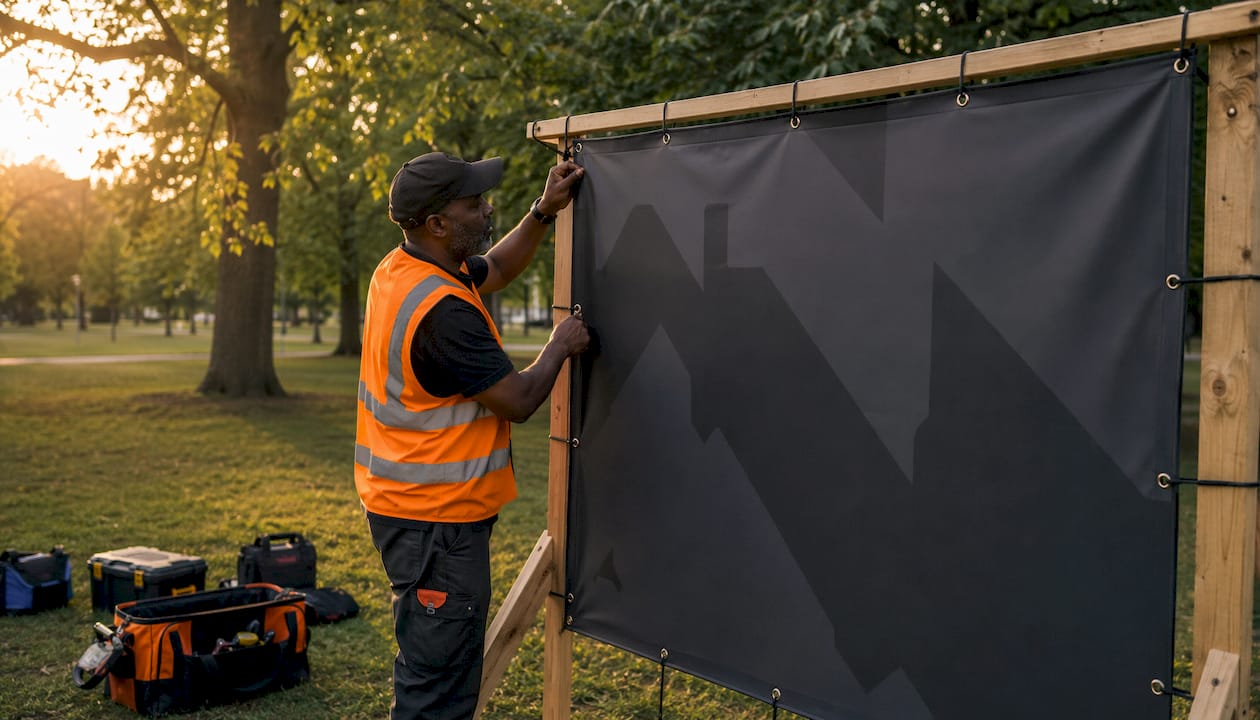 Technician securing PVC vinyl outdoor backdrop