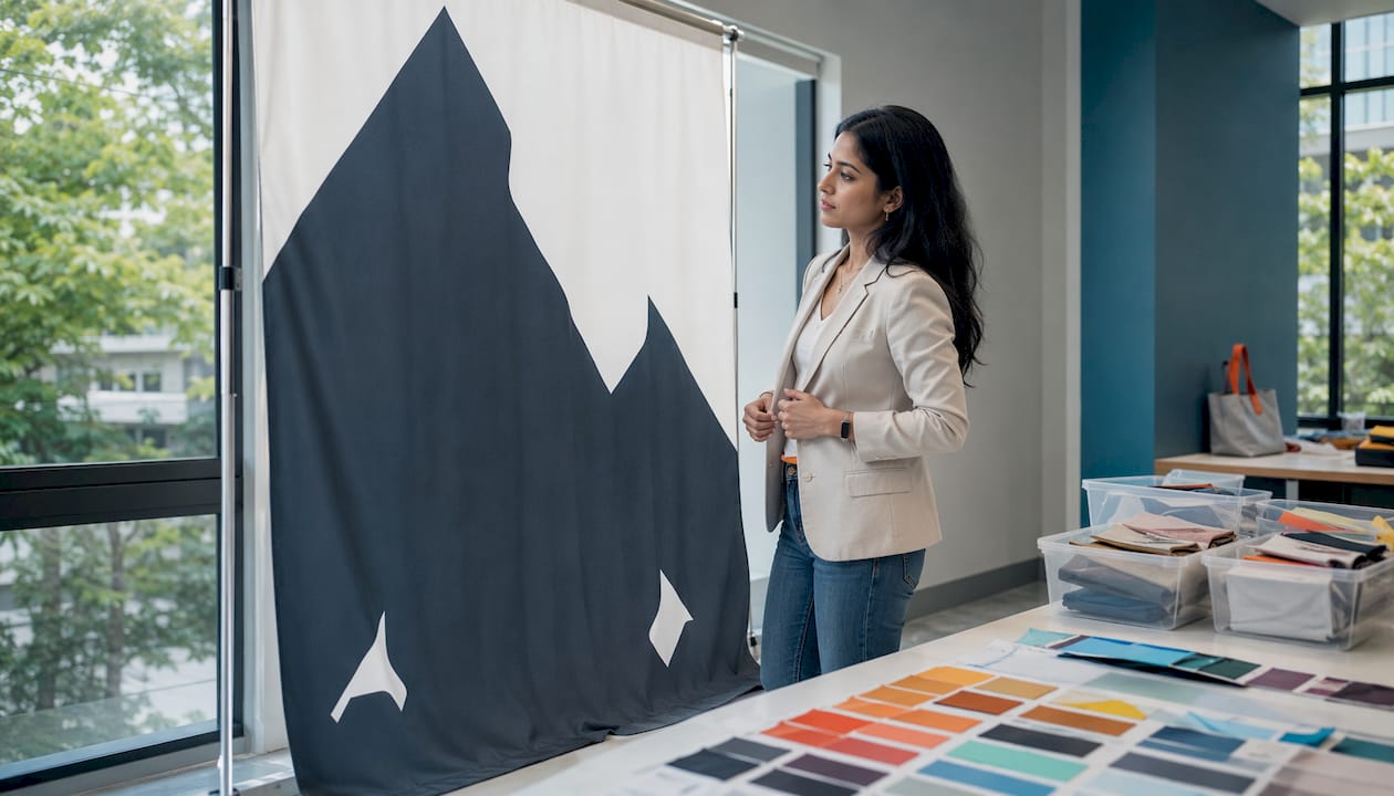 Woman inspecting polyester fabric event backdrop indoors