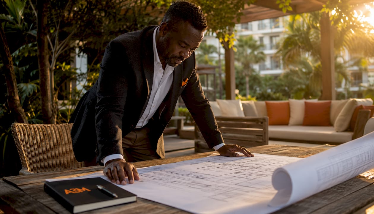 Architect reviewing hotel lobby blueprints