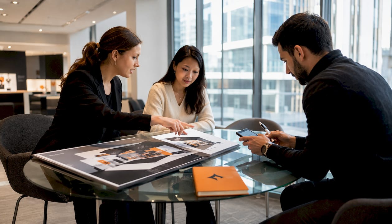 Team reviewing exhibition stand design samples