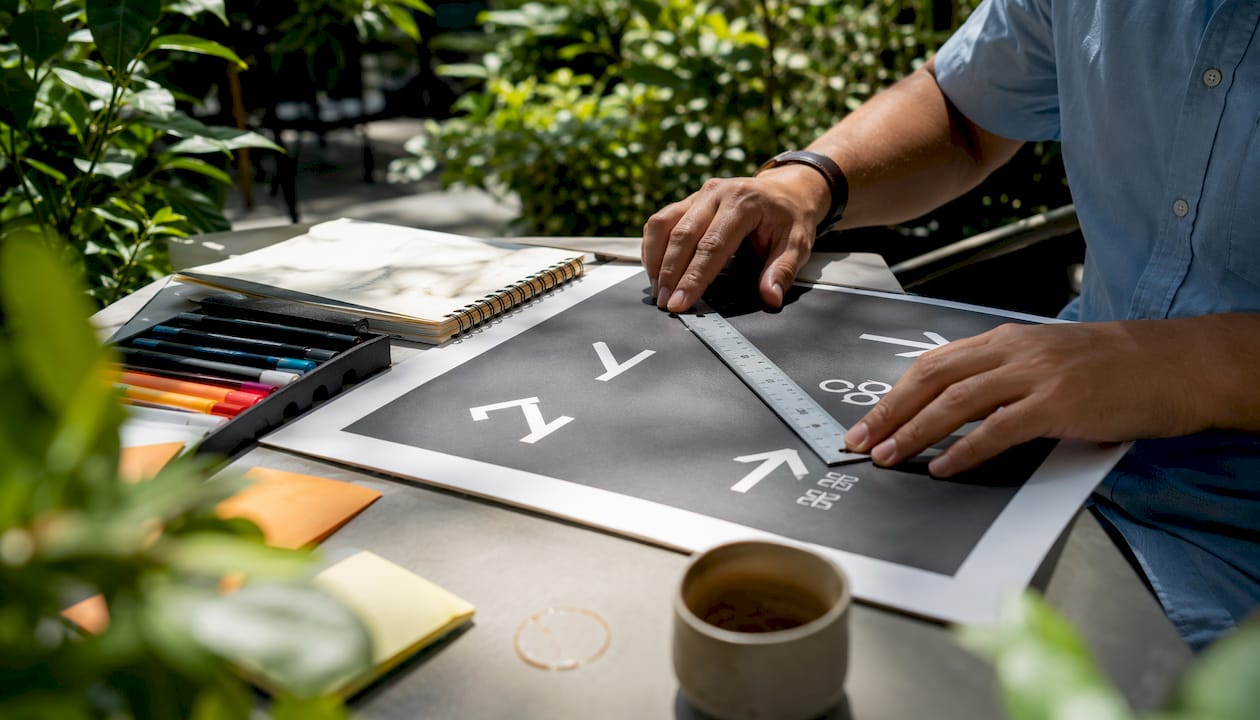 Designer measuring prototype directional sign