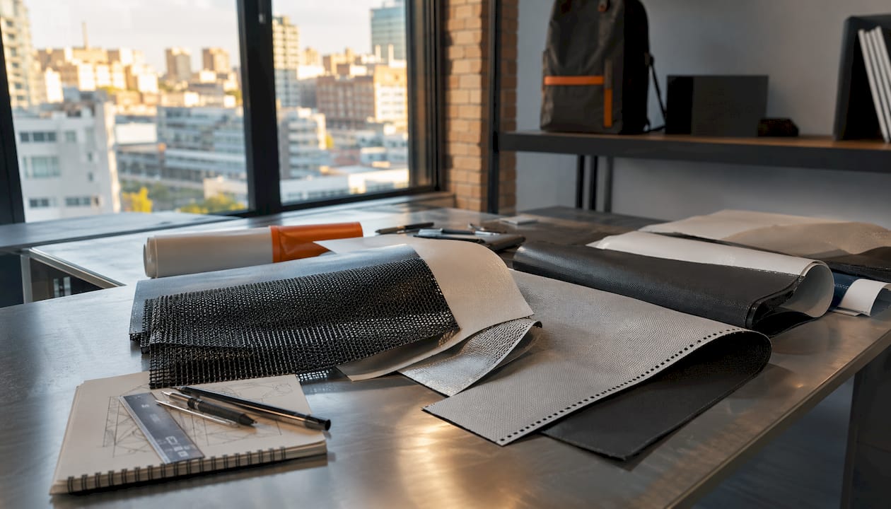 Varied scaffolding banner material samples on table