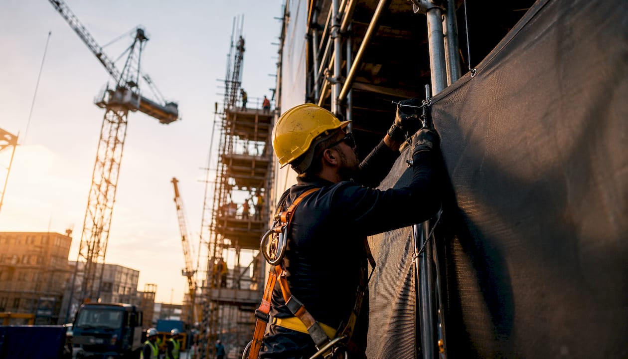 Construction worker installing scaffolding banner safely