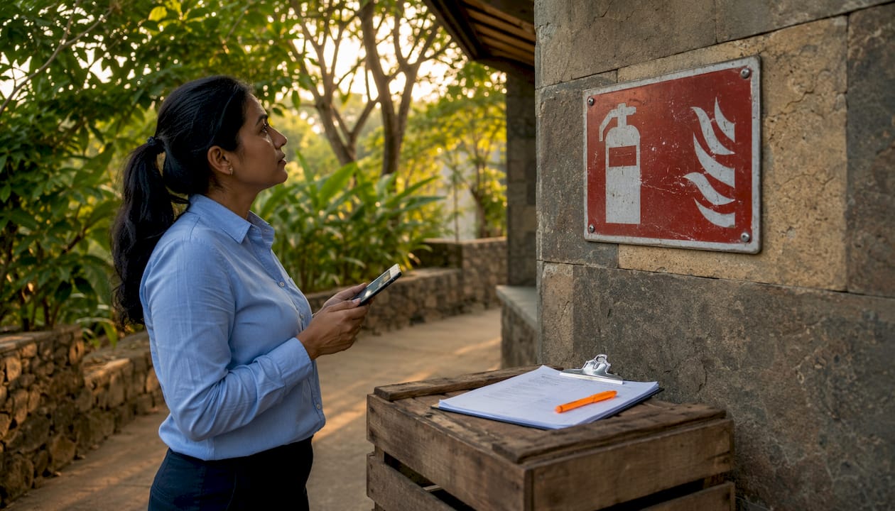 Hands inspecting aluminum fire safety sign outdoors