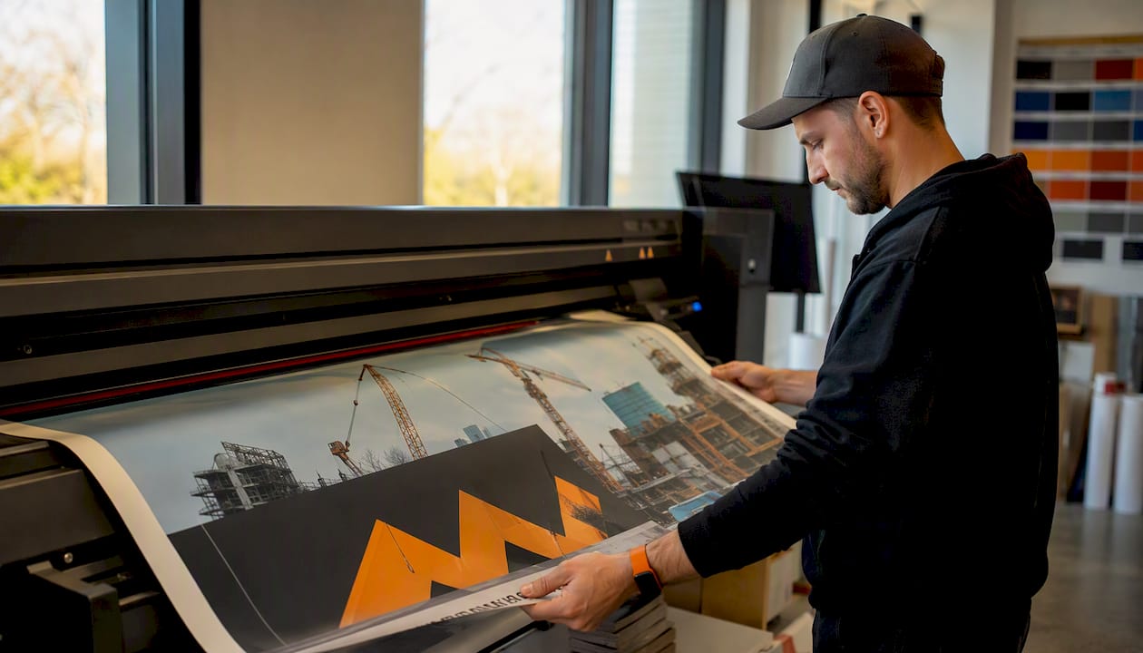 Hands operating large-format printer for construction hoarding