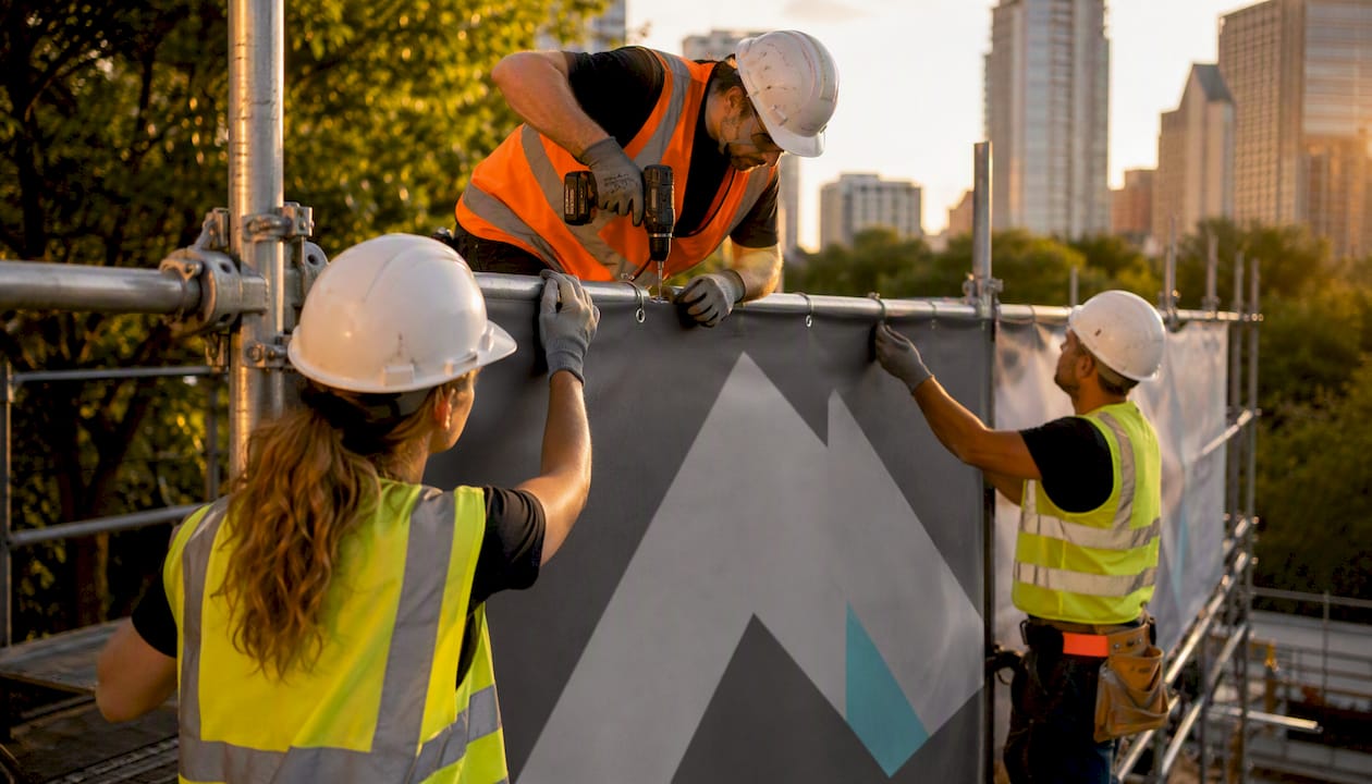 Installation team fixing large print banner on scaffolding