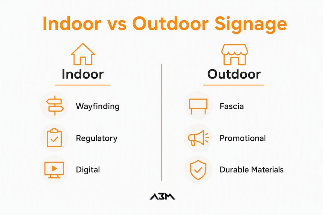 Infographic comparing indoor vs outdoor signage types