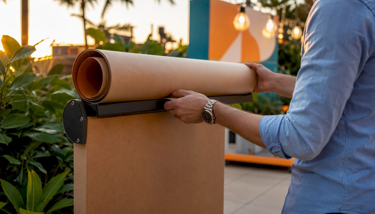 Hands assembling recycled cardboard banner stand