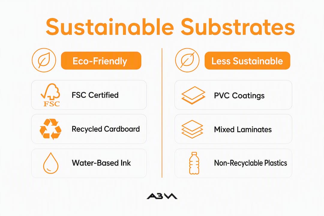 Infographic comparing eco-friendly and less sustainable print substrates