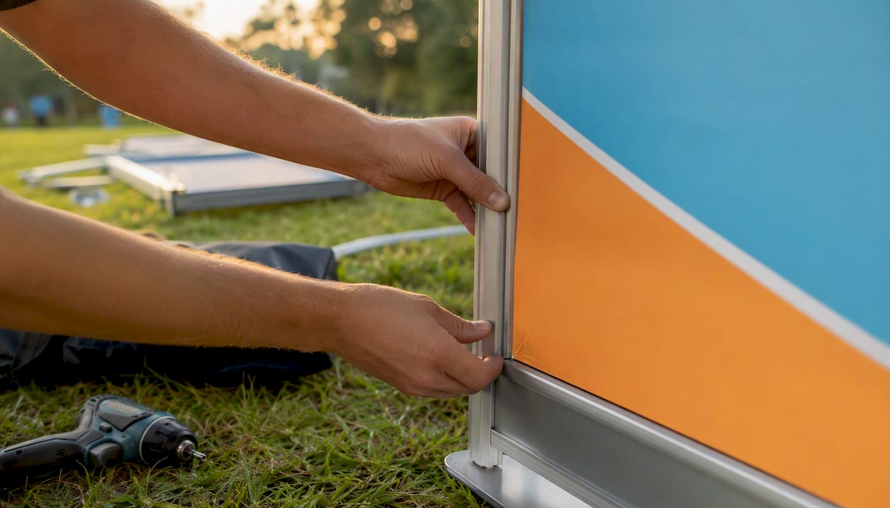 Attaching PVC panel to pop-up stand frame