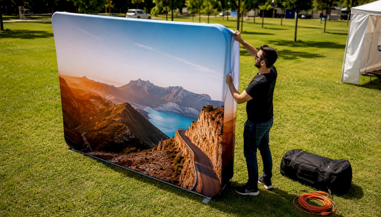 Fabric wrap being stretched over pop-up stand frame