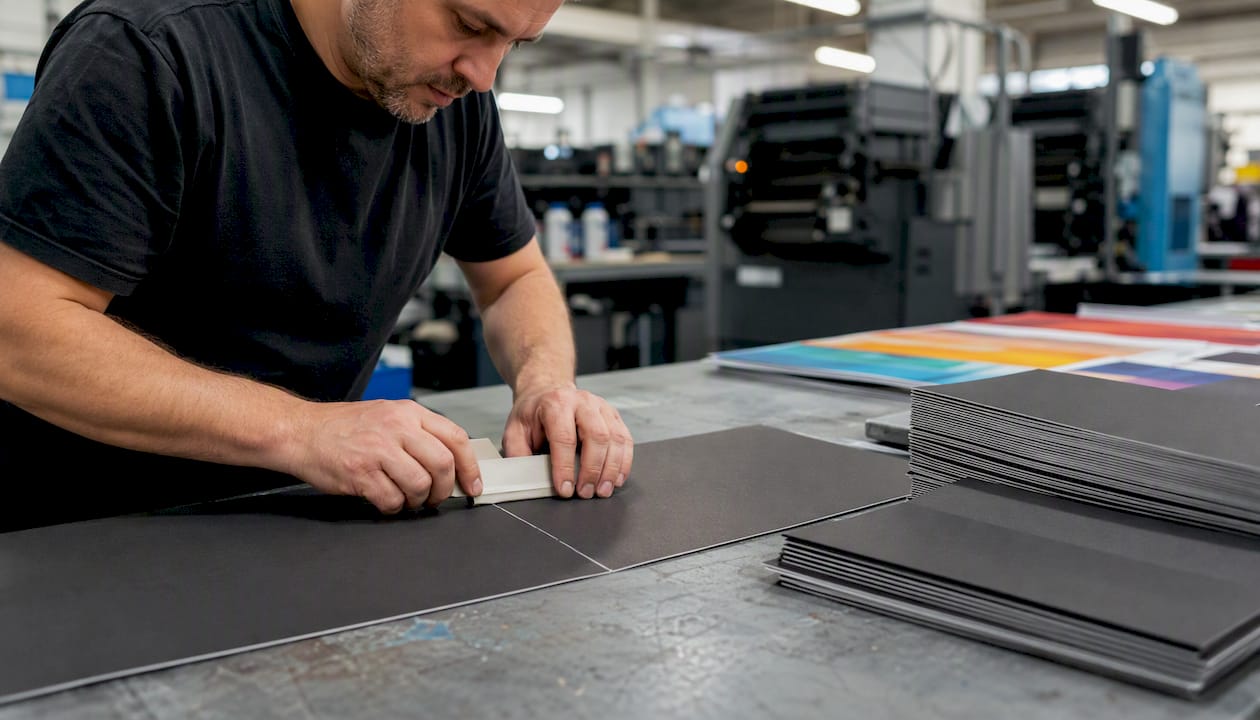 Technician scoring heavy brochure cover stock by hand
