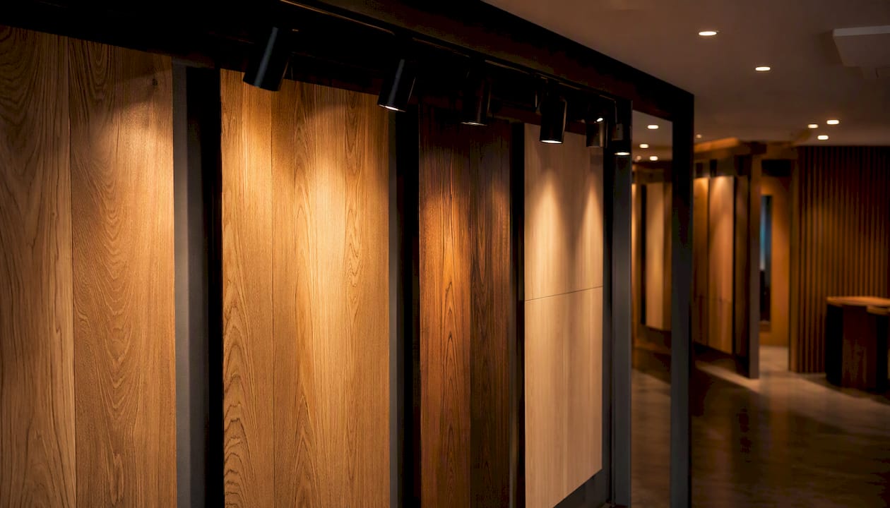 Warm LED spotlights illuminating timber exhibition walls