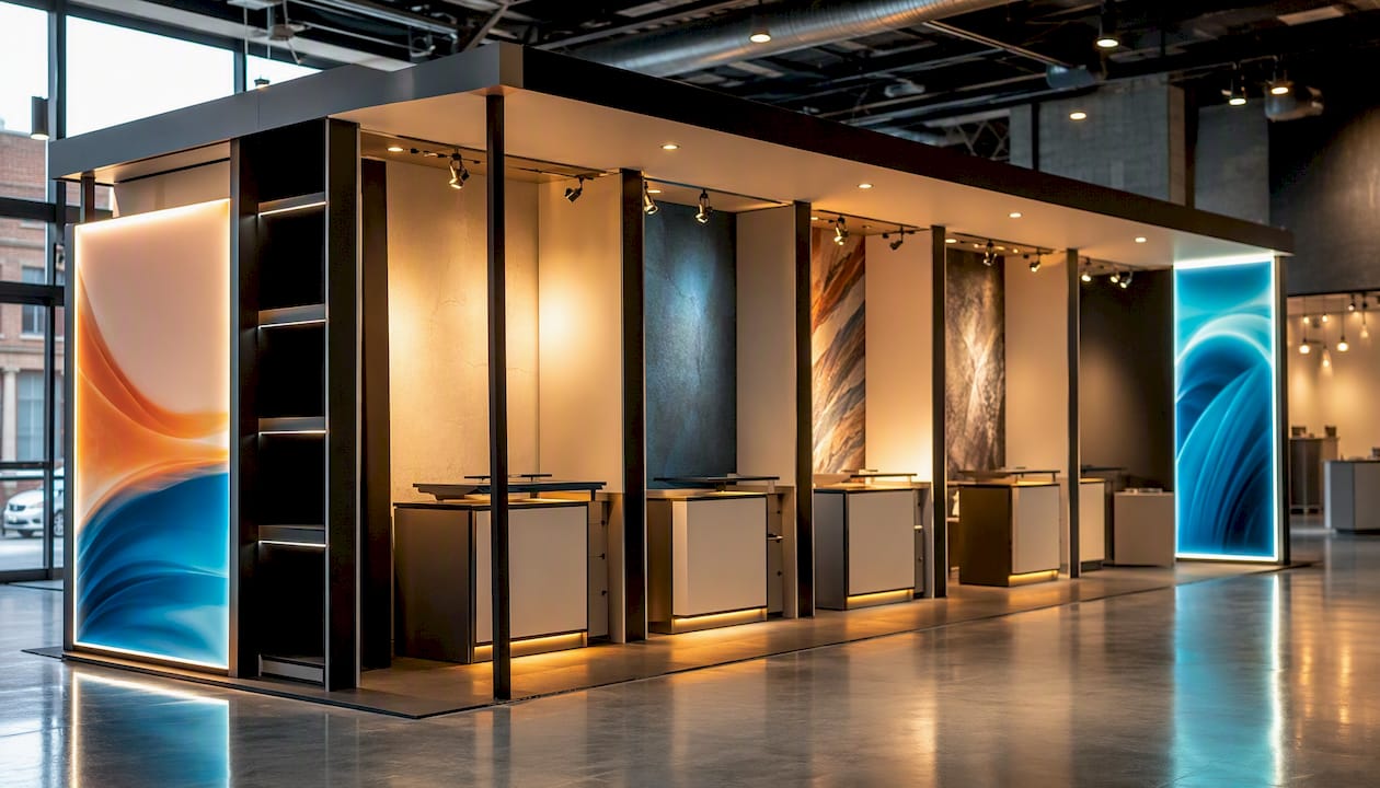 Modular exhibition stand illuminated with LED spotlights and backlit fabric frames