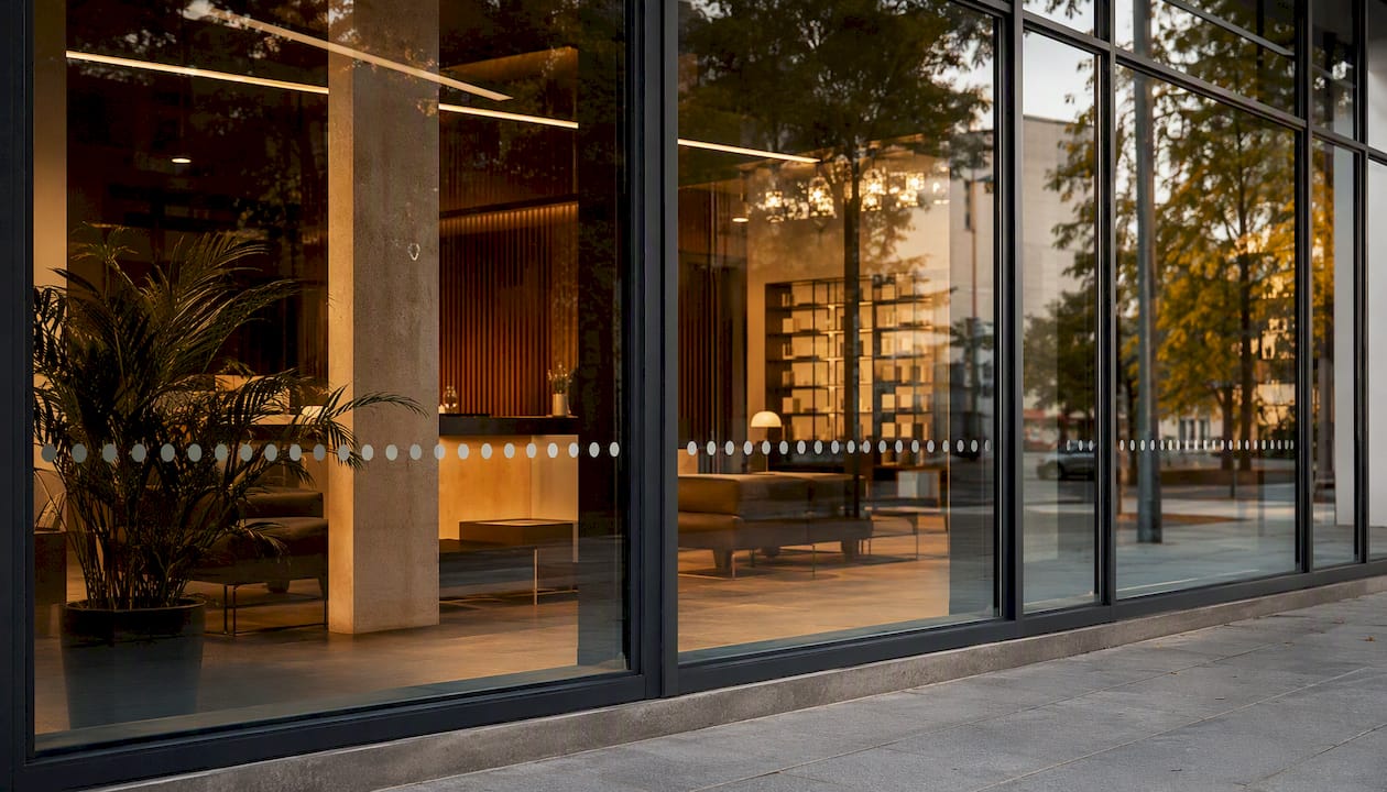 Retail glazed frontage showing spaced window decals