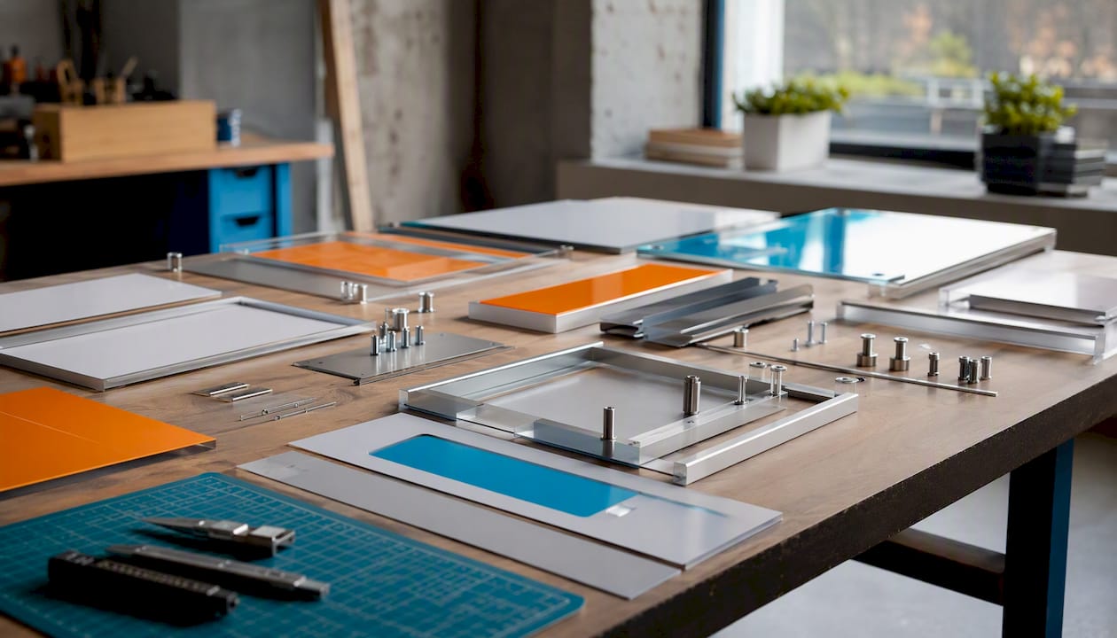 Modular signage components on workshop table