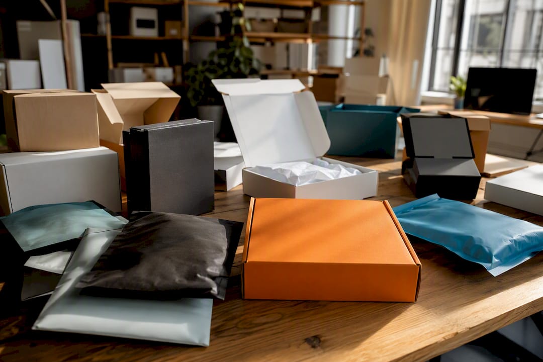 Various small packaging types laid out on table