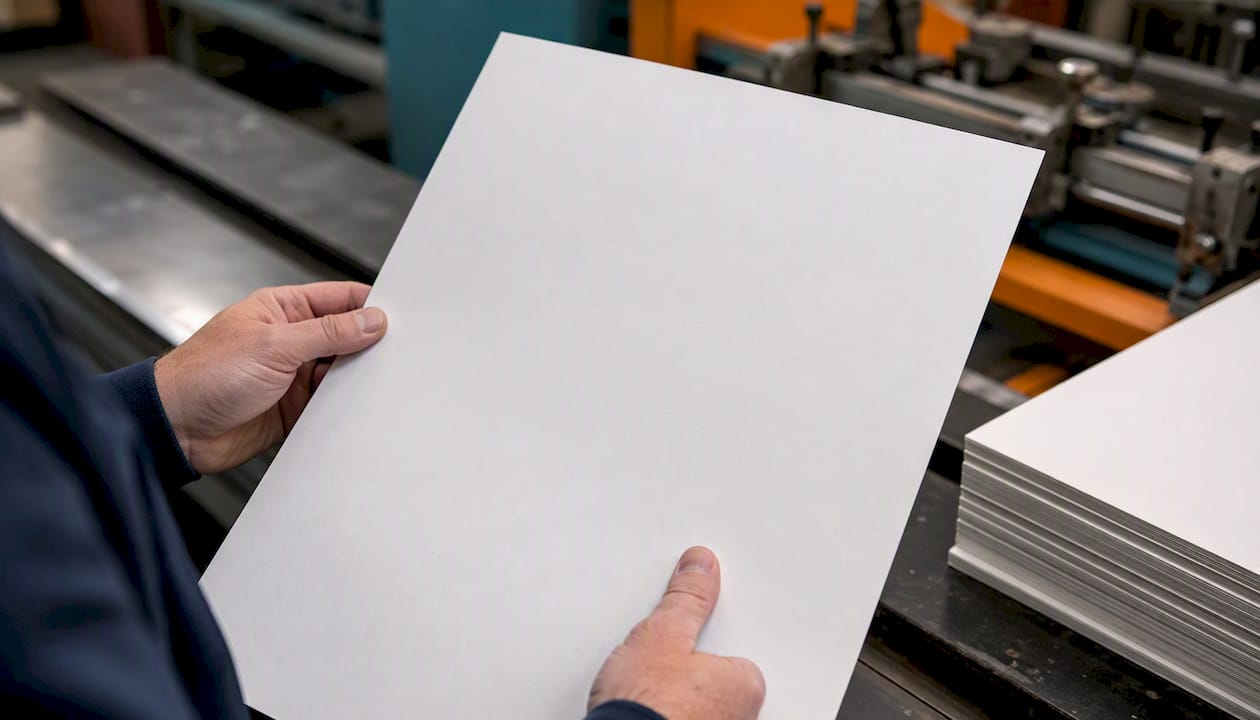 Hands holding solid bleached sulfate board
