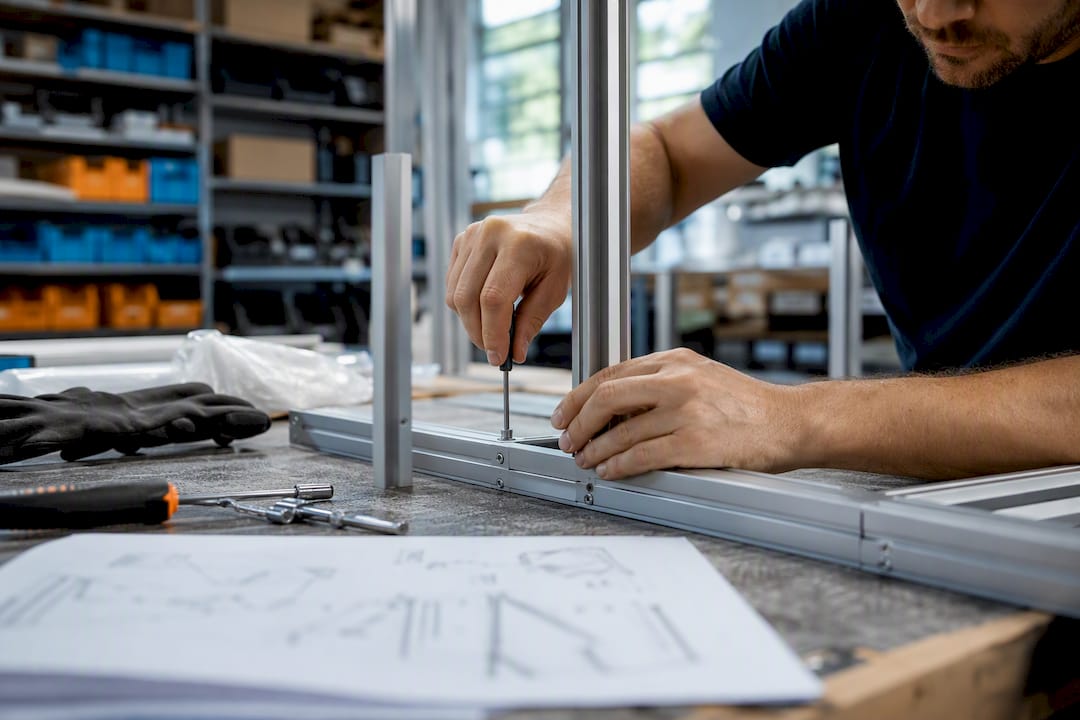 Hands disassembling exhibition stand frame