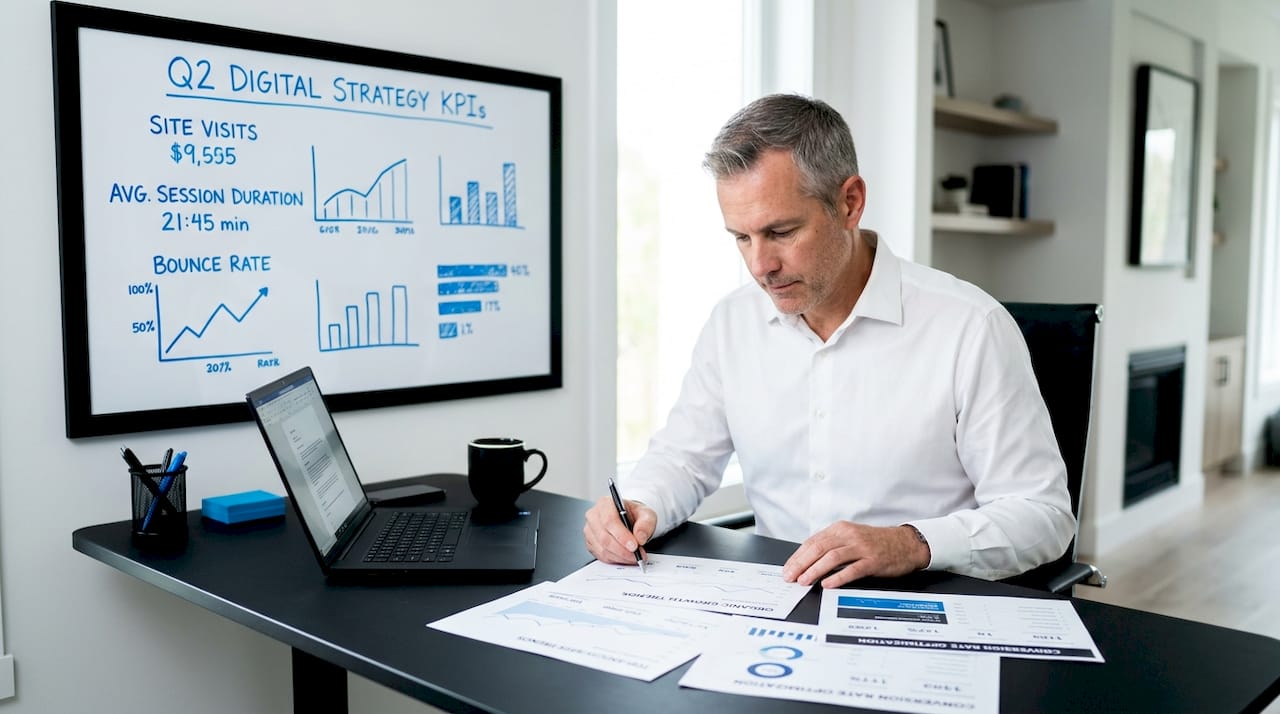 Man reviewing SEO reports at kitchen table