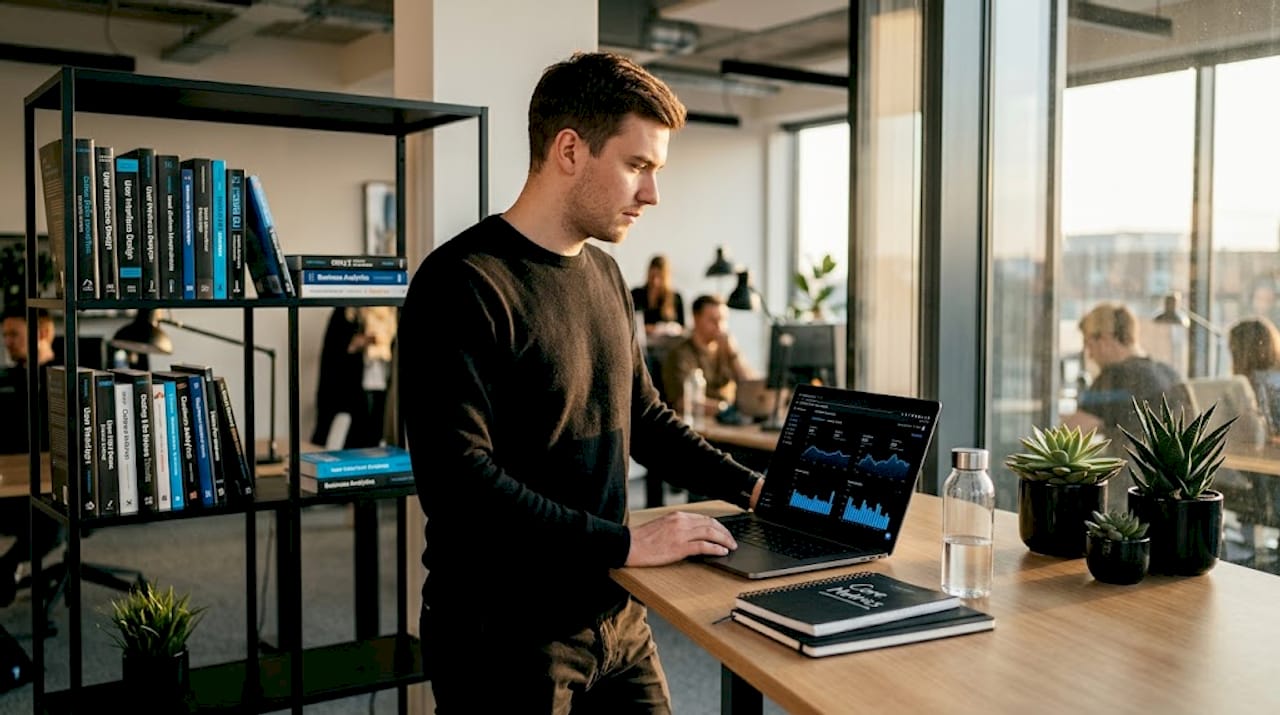 Developer checks website speed at standing desk