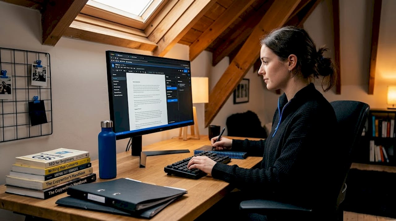 Freelancer editing SEO content at home
