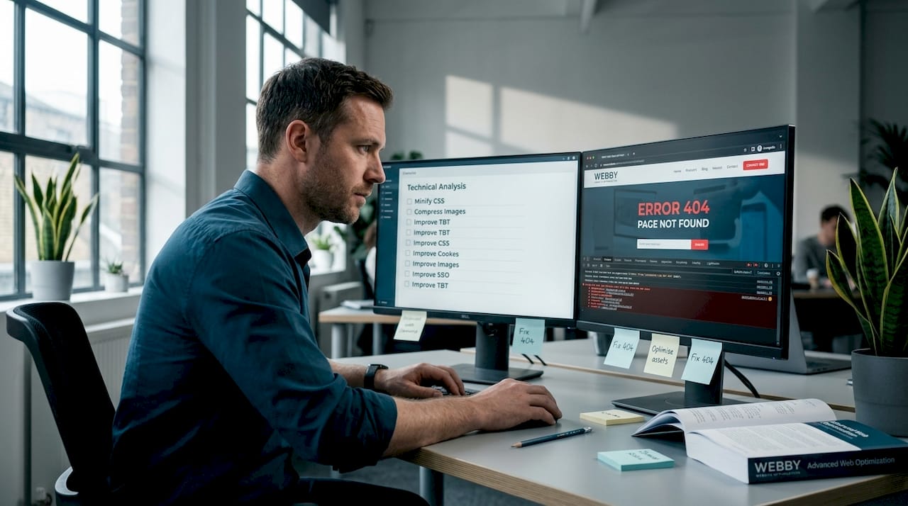 Consultant checking web audit details on monitors