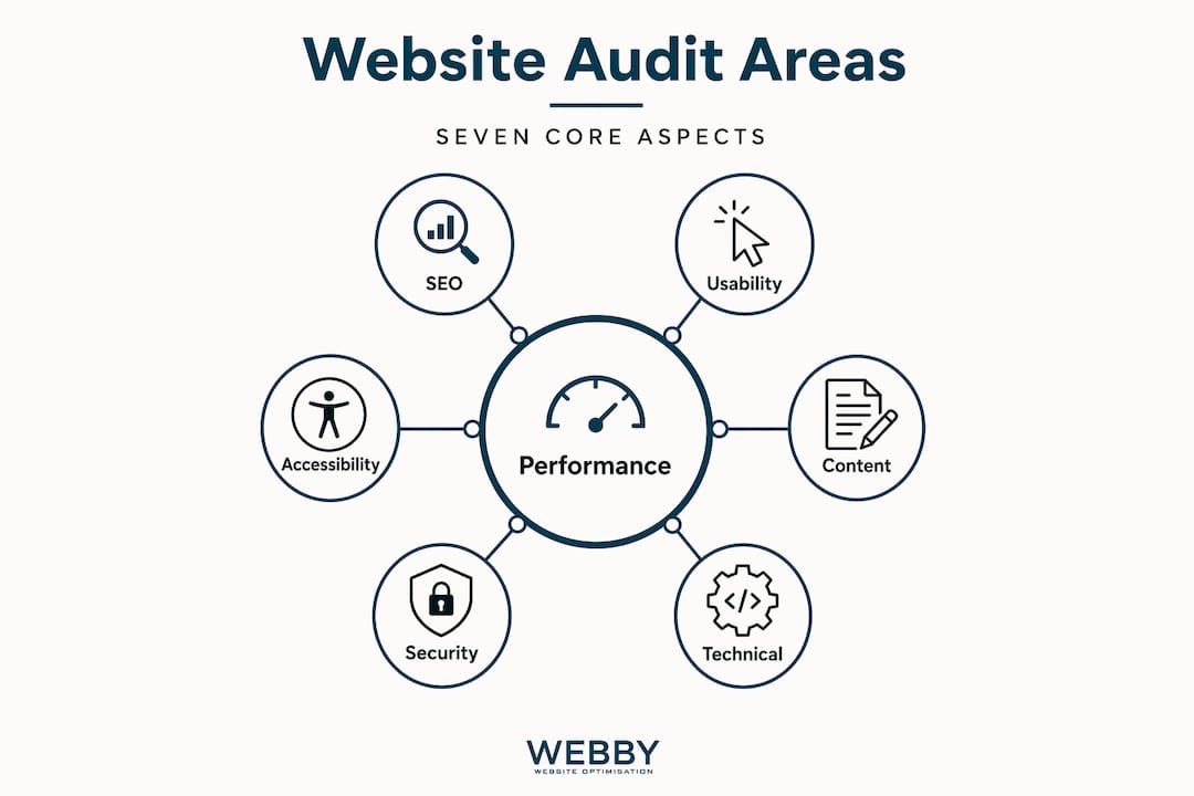 Infographic of seven core website audit areas