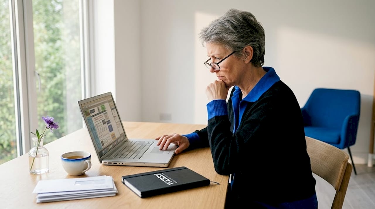 Business owner looking at outdated website on laptop