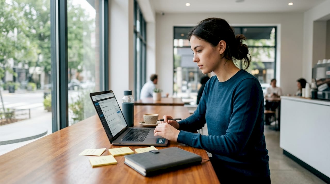 Woman updating business site on desktop computer