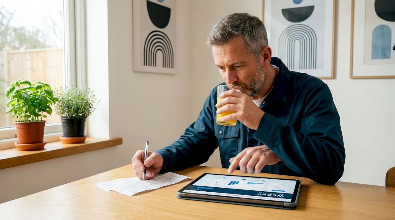 Plumber assessing company website at kitchen table