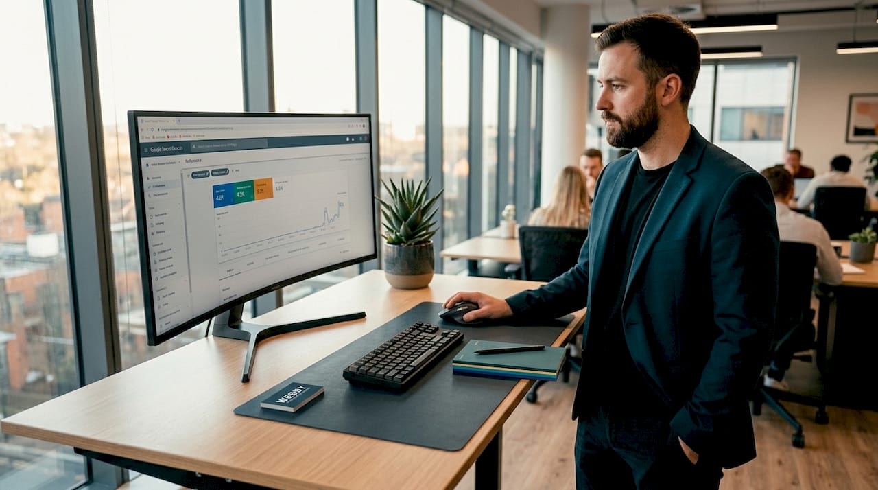 Manager watching website indexing stats in bright office