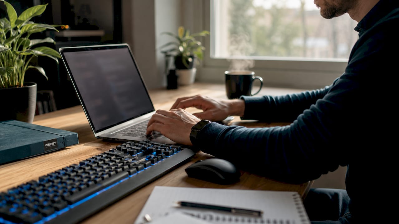 Hands optimizing WordPress front-end settings on laptop