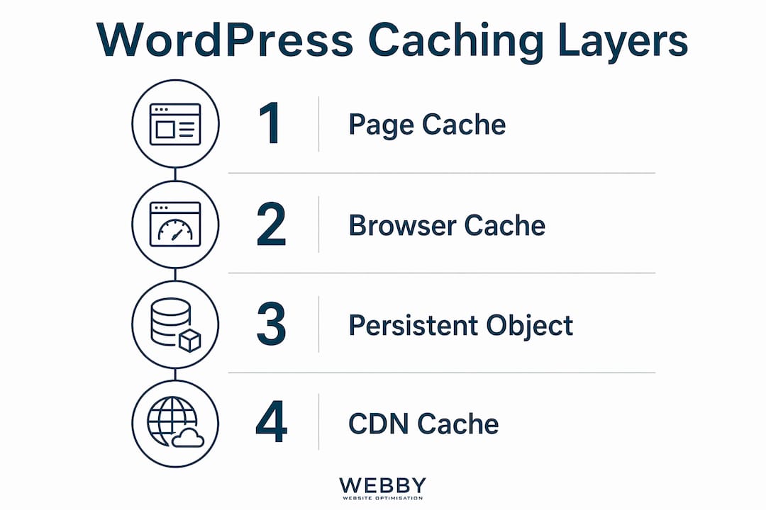 Infographic showing WordPress caching layers and tools