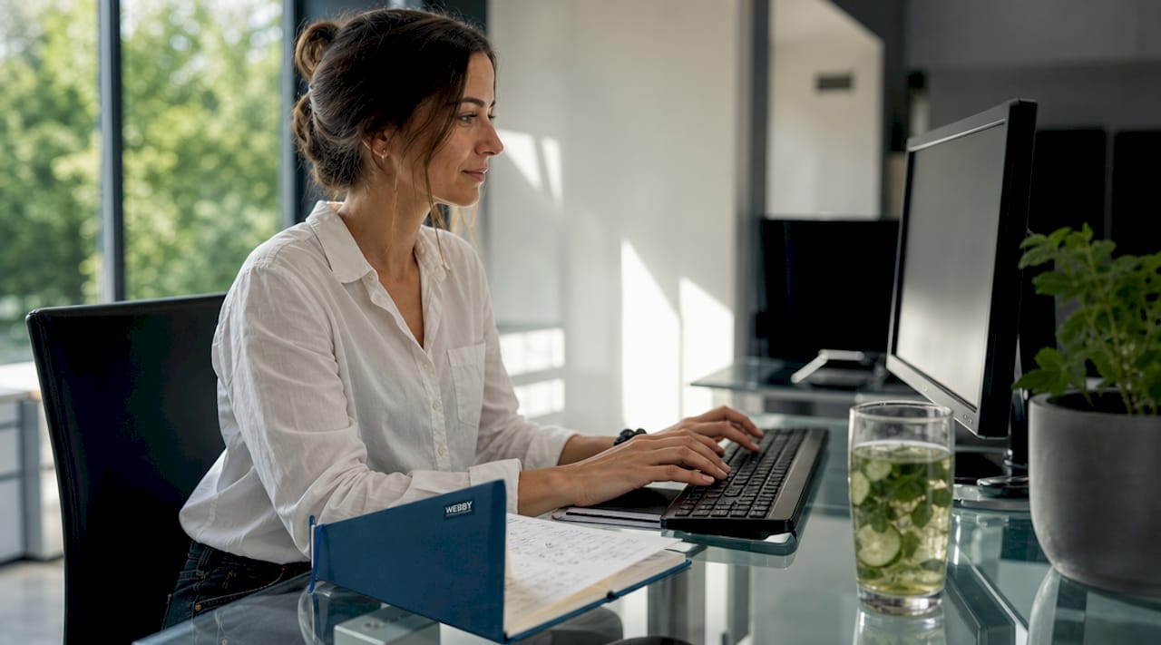 Hands typing SEO notes at a keyboard in home office