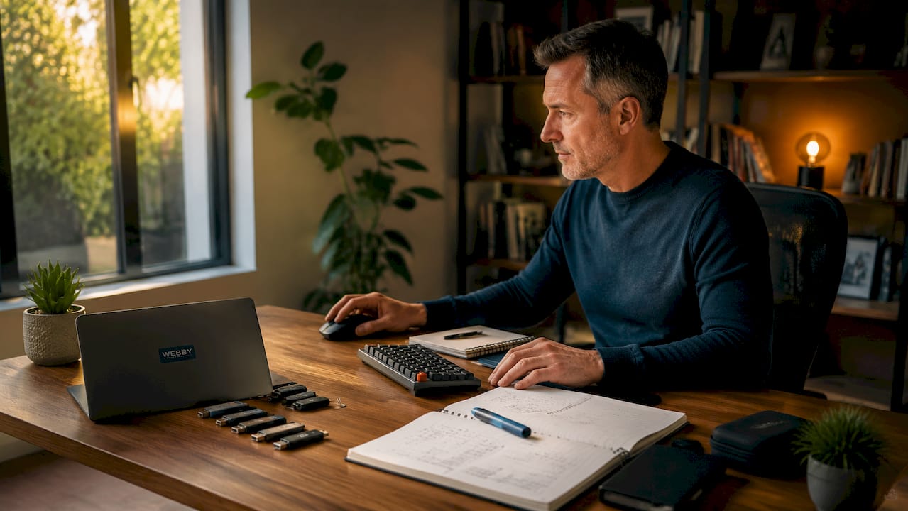 Hands navigating technical SEO audit tools at coworking desk