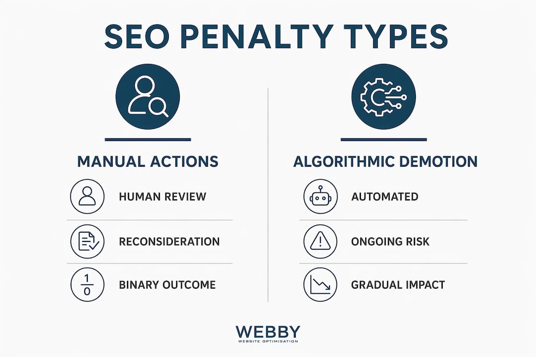 Infographic comparing manual and algorithmic SEO penalties