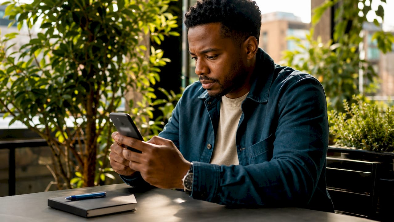 Man evaluating website credibility on smartphone